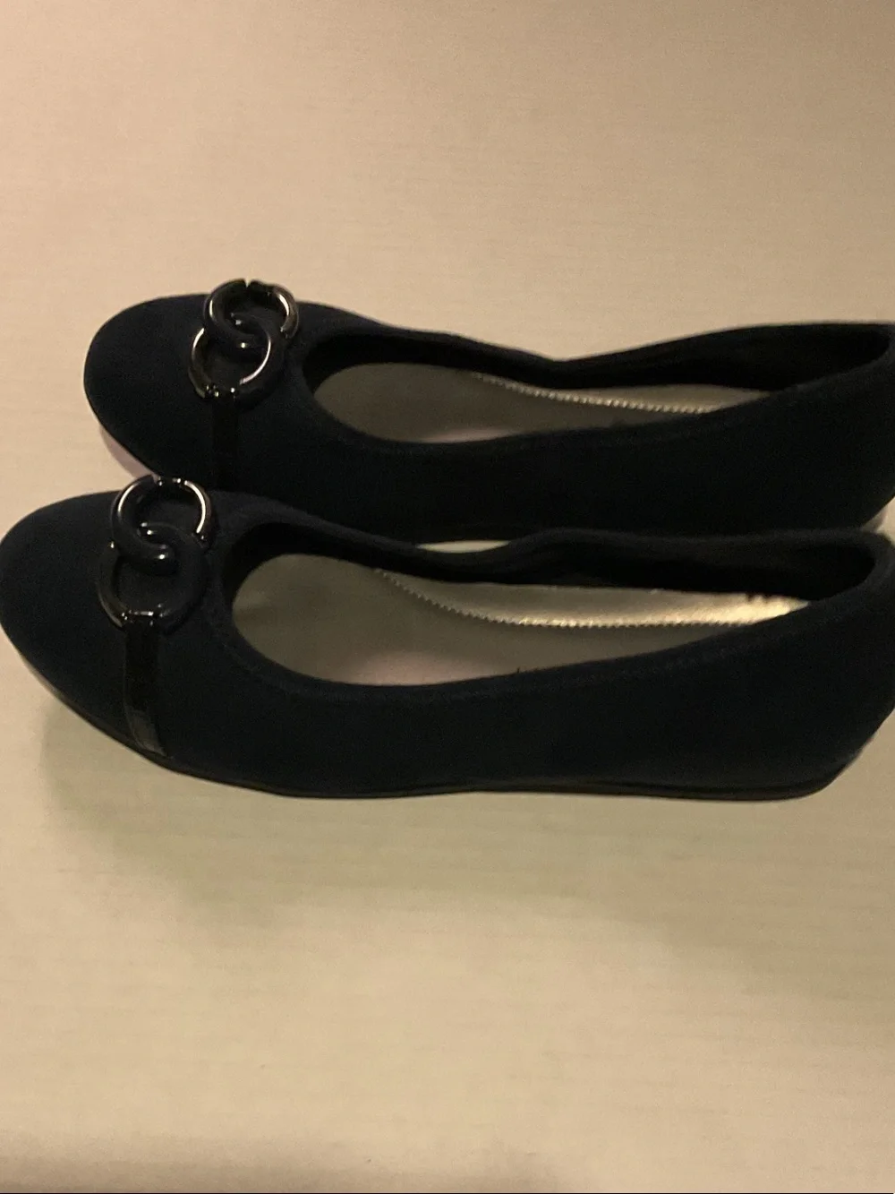 Karen Scott Dark Navy Suede Ballet Flats with Linked Metal Accent
